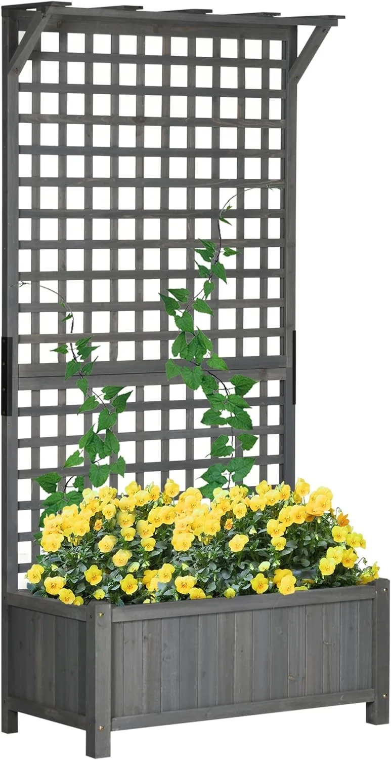 Wood Planter with Trellis, Raised Garden Bed for Climbing Plants w/Drainage Holes and Roof, 35.5