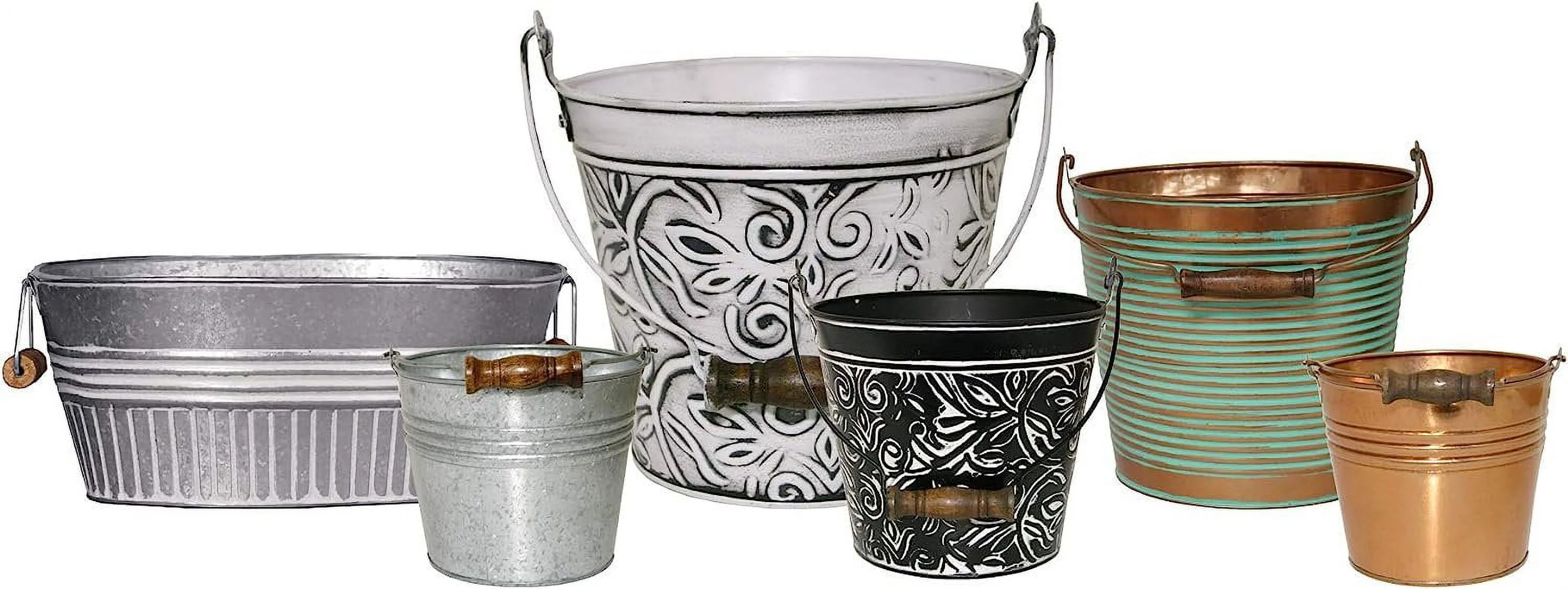 Robert Allen MPT01758 Planter with Handle, Rustic White Ribbed Metal, 10-in. - Quantity 3