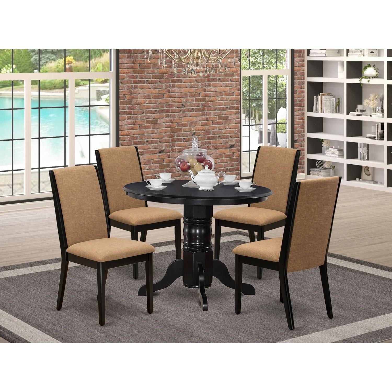 HomeStock Nordic Haven 5-Piece Kitchen Table Set- 4 Parson Chairs And Round Kitchen Table Hardwood Structure -High Back & Black Finish
