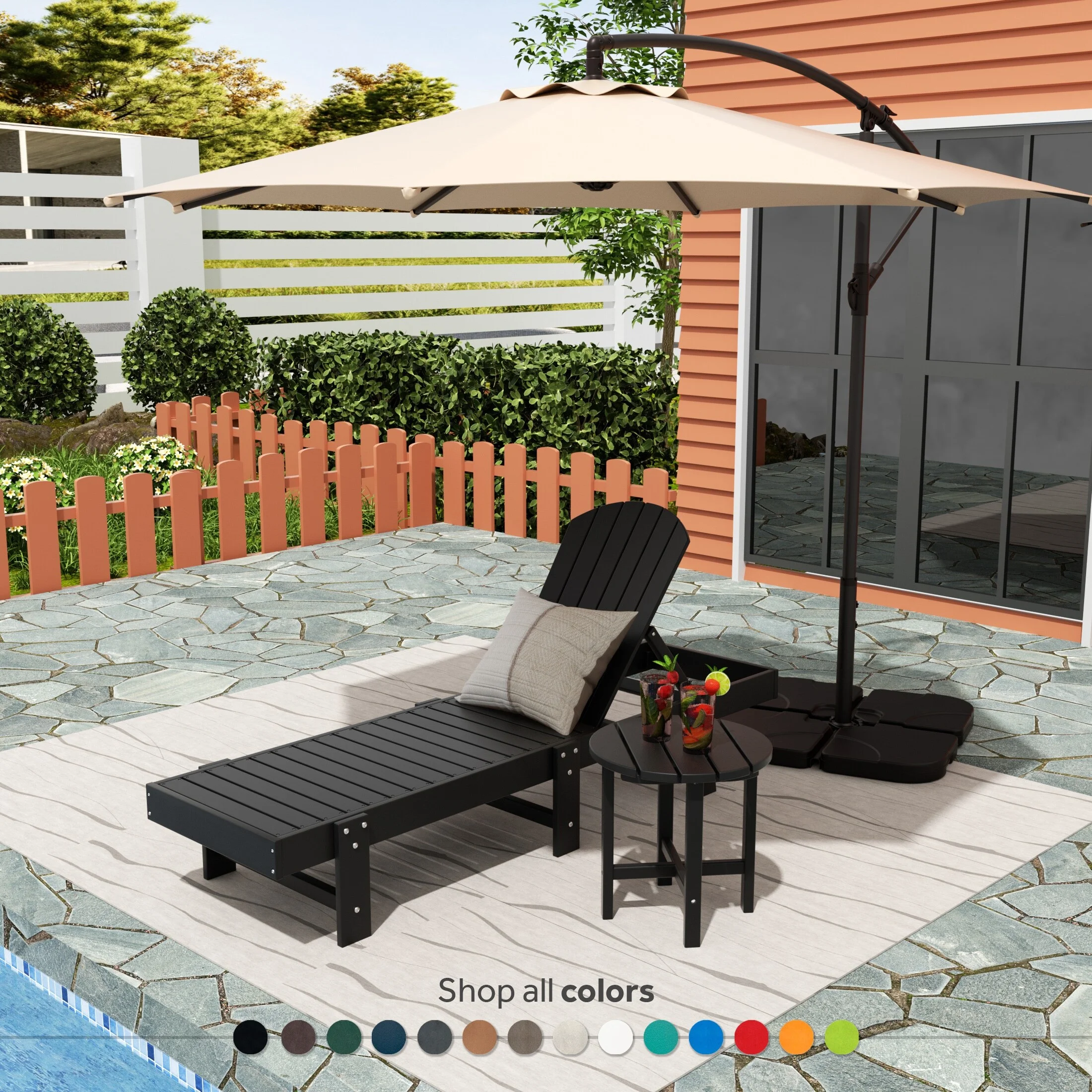 Polytrends  Altura Armless Poly Eco-friendly Reclining Chaise Lounge with Side Table Set (2-Piece Set) Black