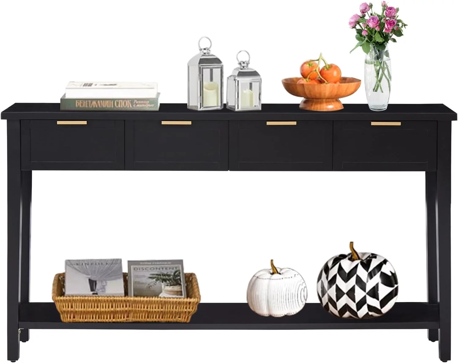 Long Console Table - 2-Tier Narrow Sofa Table with Open Shelf & 4 Drawers, Modern Narrow Console Table Entryway Table with Storage for Entryway Living Room Bedroom Kitchen, Black