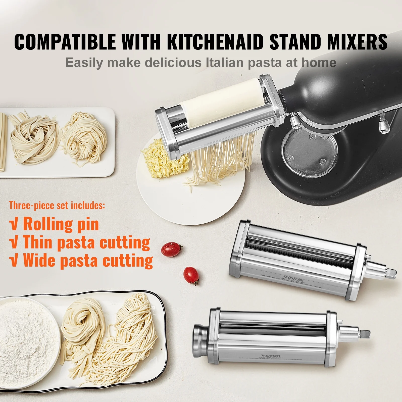 SKYSHALO Pasta Maker Attachment for All Kitchenaid Mixers, Kitchen Aid Stand Mixer Set Accessories with 3 Shafts Including Dough Roller Spaghetti Cutter Fettuccine