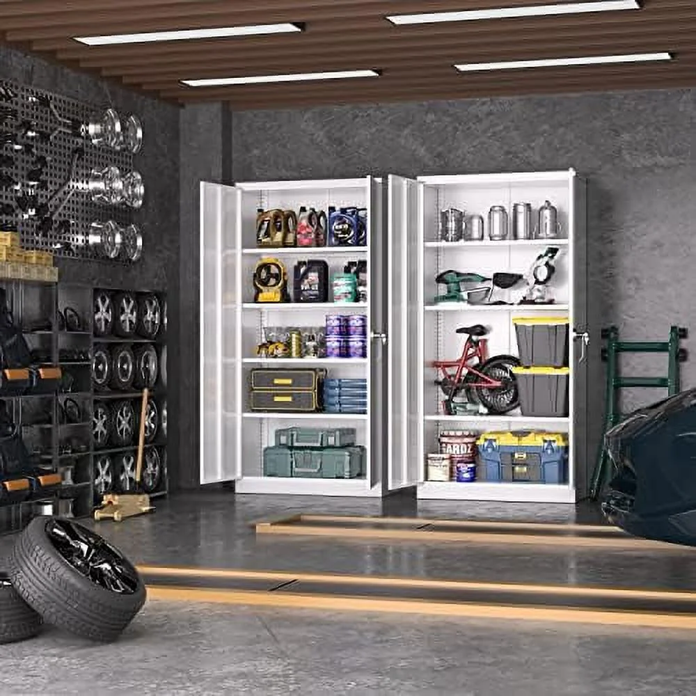 JYHOME Garage  Cabinets with Doors and Shelves  72" White Steel Tool Locking Cabinet  Metal  Cabinet for Home Office  Warehouse  School