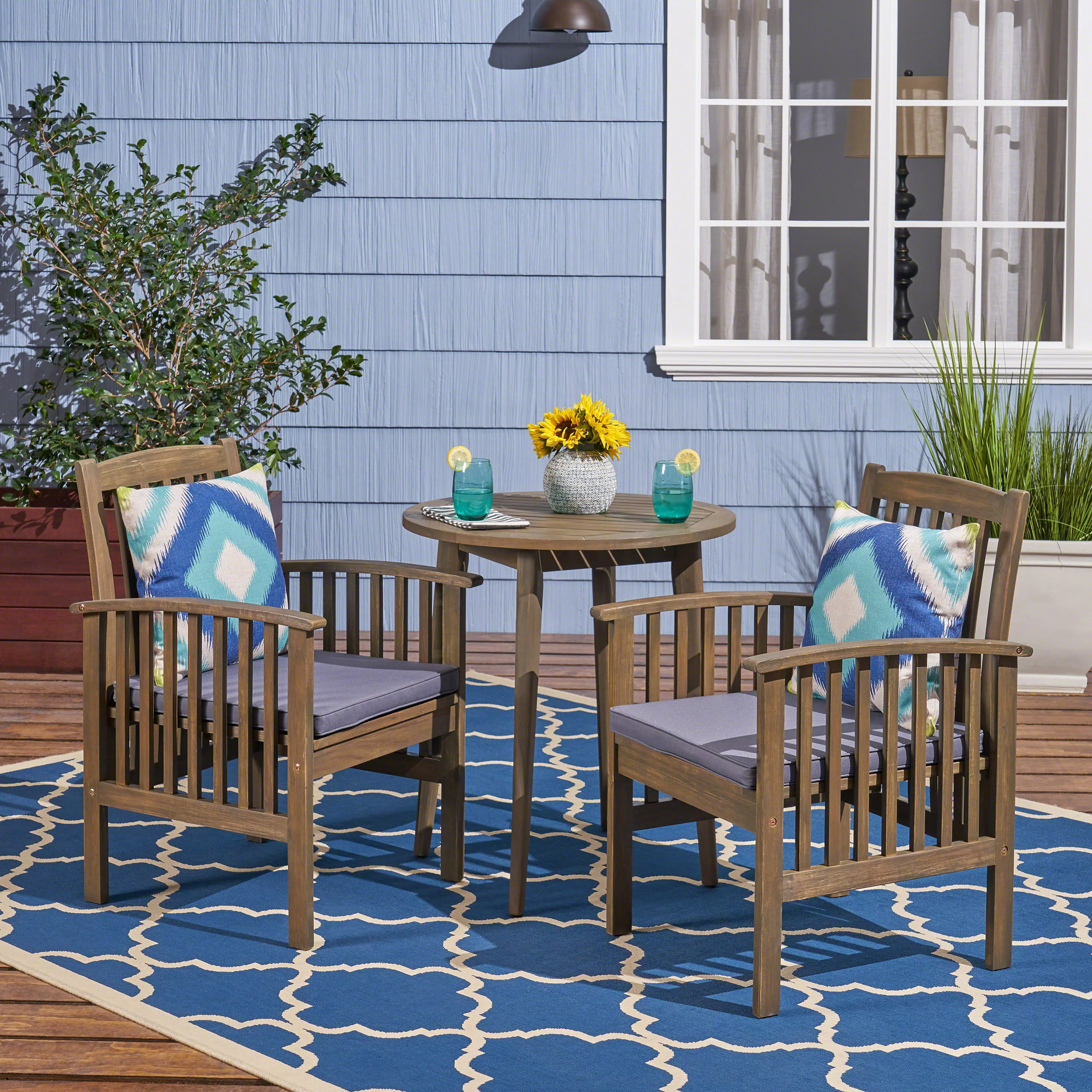 GDF Studio Erikson Outdoor Acacia Wood 3 Piece Bistro Set with Cushion, Gray and Dark Gray