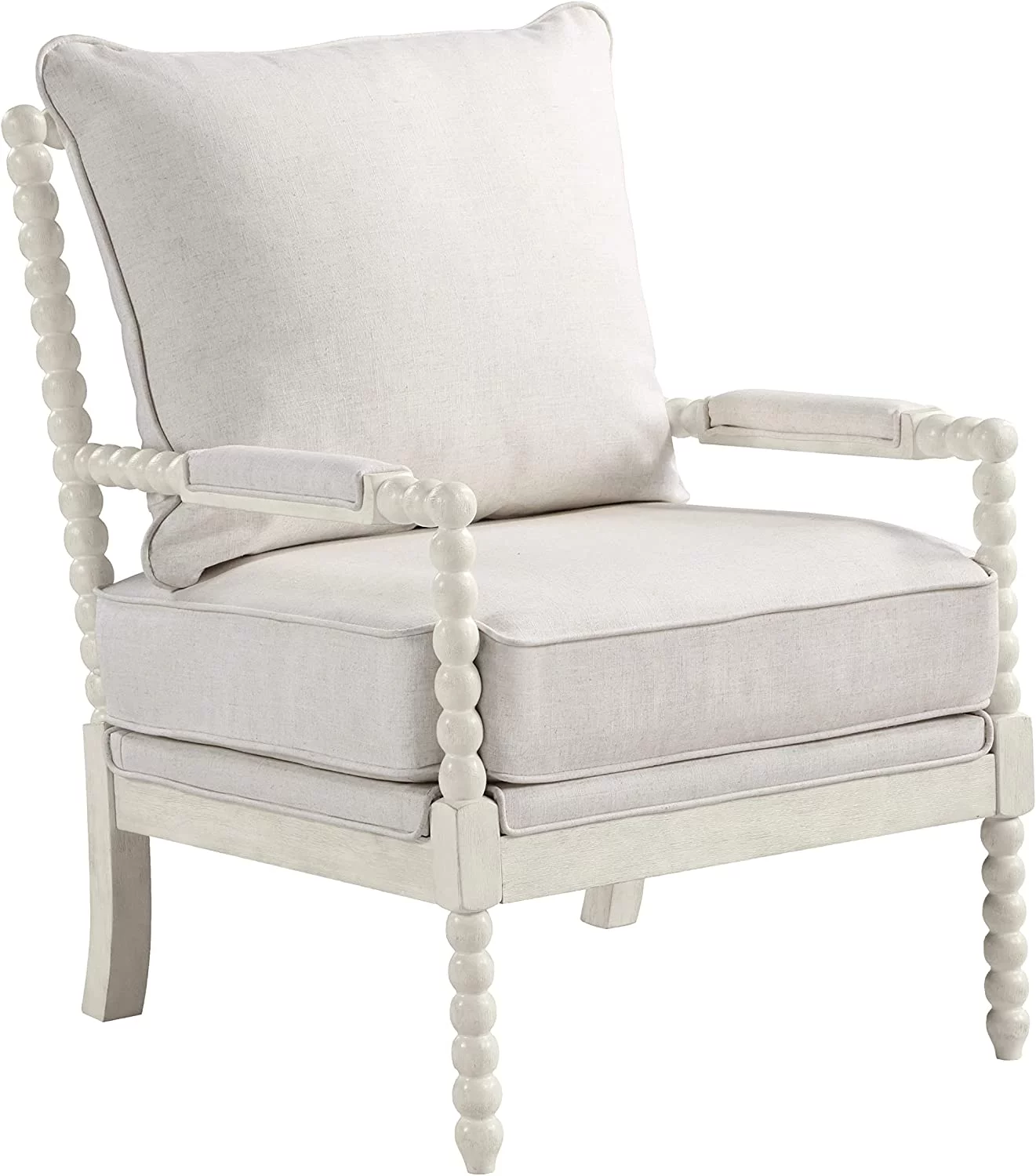 OSP Home Furnishings Kaylee Spindle Accent Chair with Antique Wood Frame, 26.5” W x 32.25” D x 37” H, White Linen Fabric