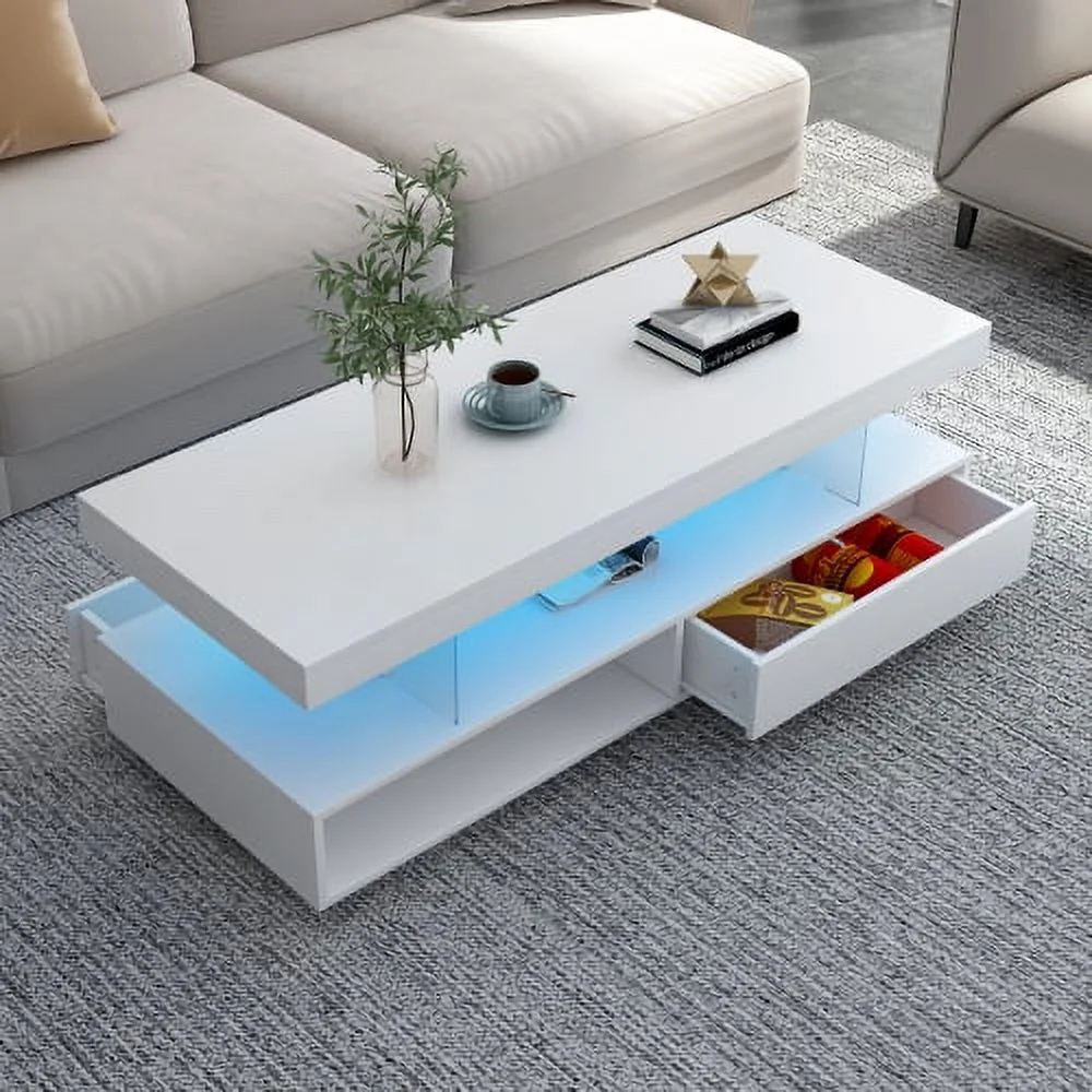 DremFaryoyo U-Can LED Coffee Table with   Modern Center Table with 2 Drawers and Display Shelves  Accent  with LED Lights for Living Room White