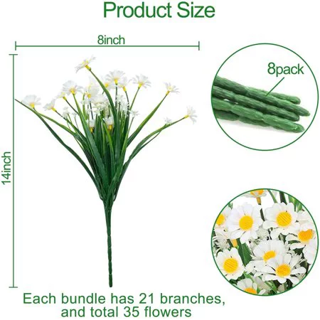 Morttic Artificial Daisies Flowers Outdoor UV Resistant 8 Bundles Fake Foliage Greenery Faux Plants Shrubs Plastic Bushes for Window Box Hanging Planter Farmhouse Indoor Outside Decor (White)