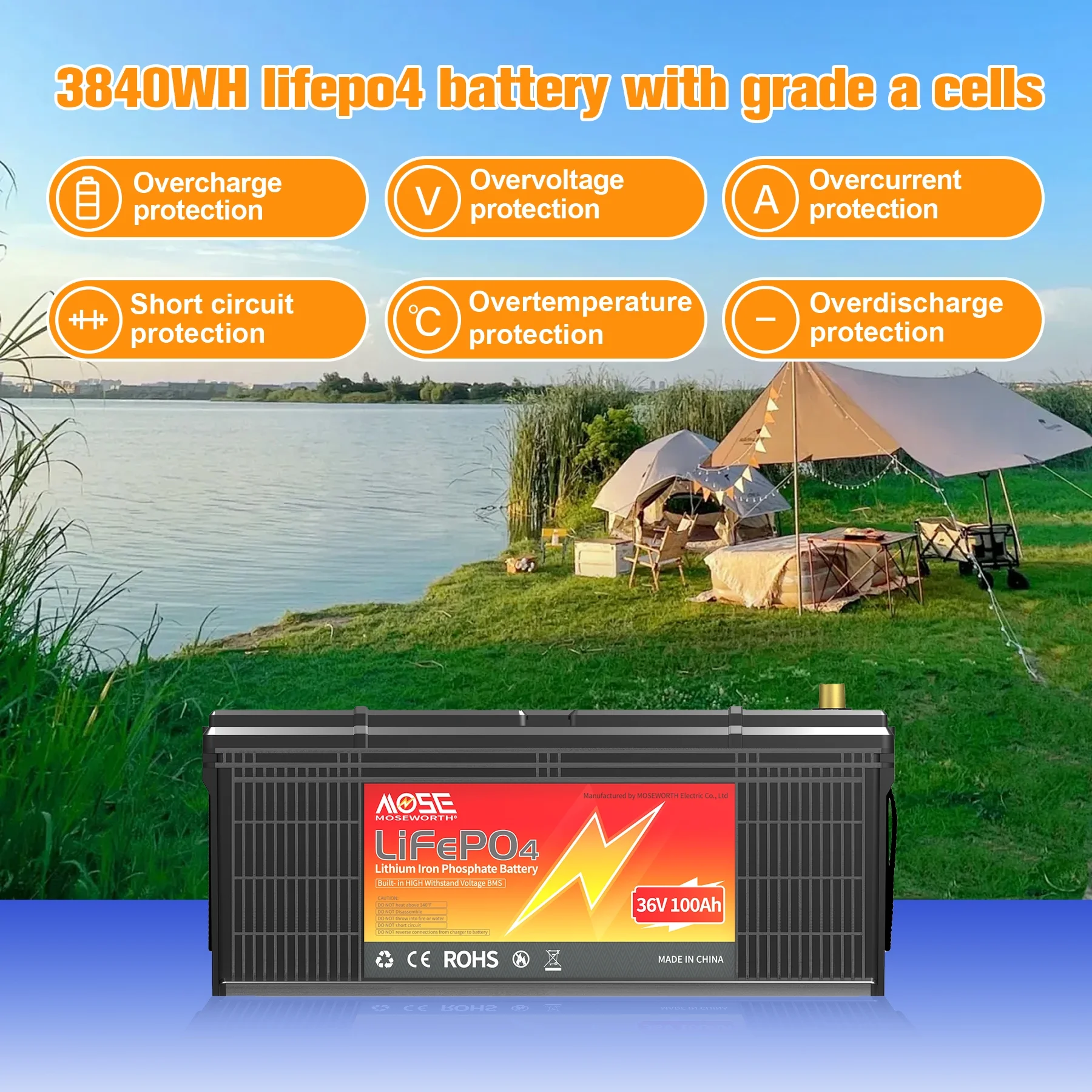 36V 100Ah LiFePO4 Battery,200A BMS,15000 Cycles,Low Temp Cut off,MOSEWORTH for Golf Cart,RV,Solar,Trolling Motor,off-Grid