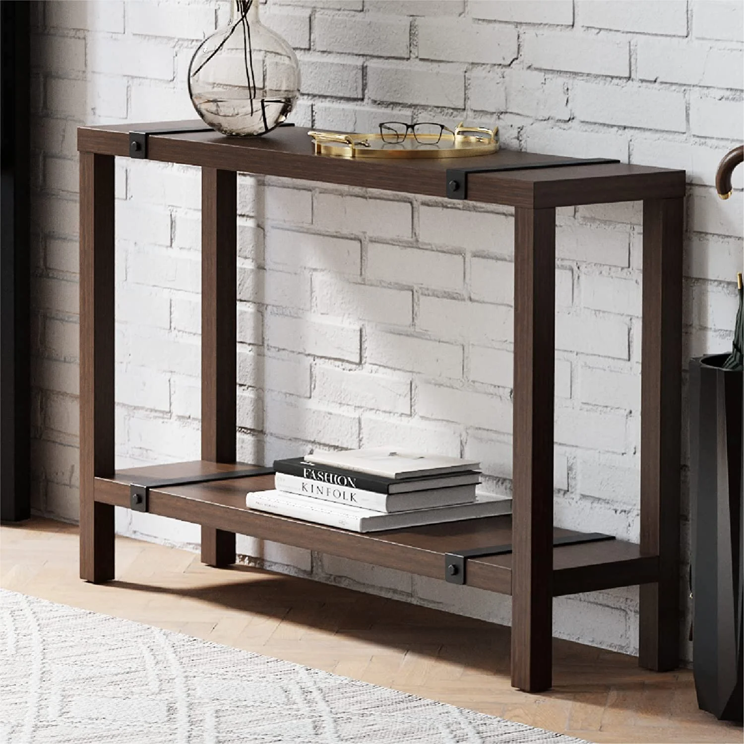 Modern Farmhouse Wood Entryway Table – Skinny Console Table with Storage (Warm Walnut)