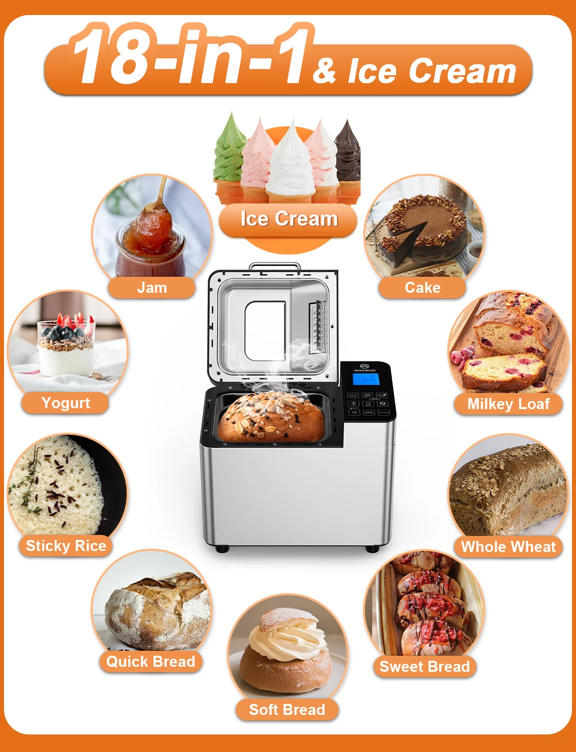 18-in-1 Bread Machine, Moosoo 2LB Bread Maker, Stainless Steel Breadmaker, Touchscreen, Time Delay & Keep Warm