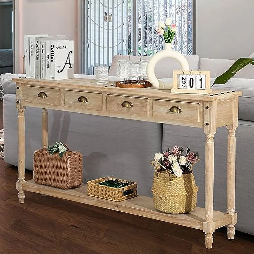 GEROBOOM Farmhouse Console Table with 4 Drawers  60" Long Narrow  Sofa Foyer Table with Large  Space  Solid Wood Frame and Legs for Entryway  Hallway  Living Room  White