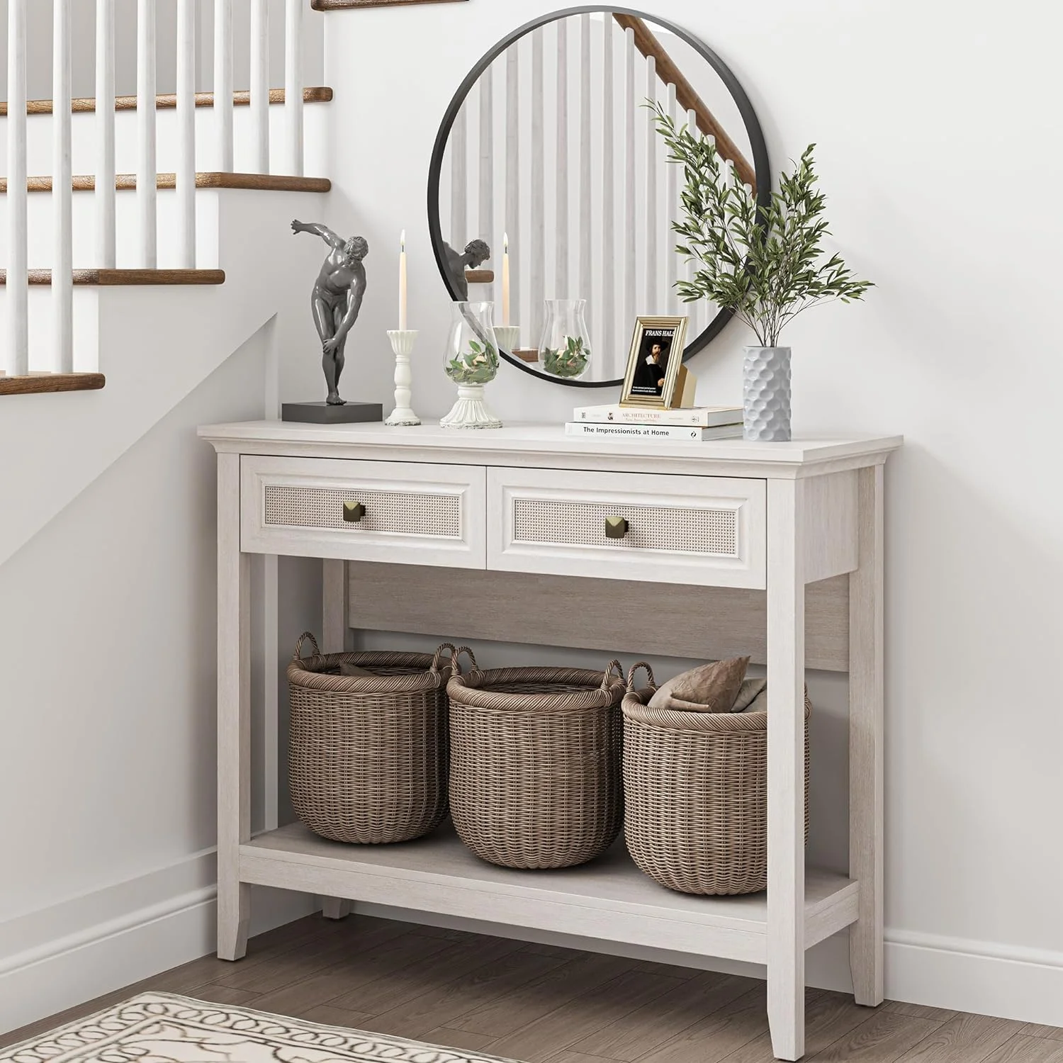 Superjoe Rattan Entryway Table, Boho Console Table w/Widened Tabletop, Farmhouse Sofa Table w/Storage Shelf, Grayish White Foyer Table