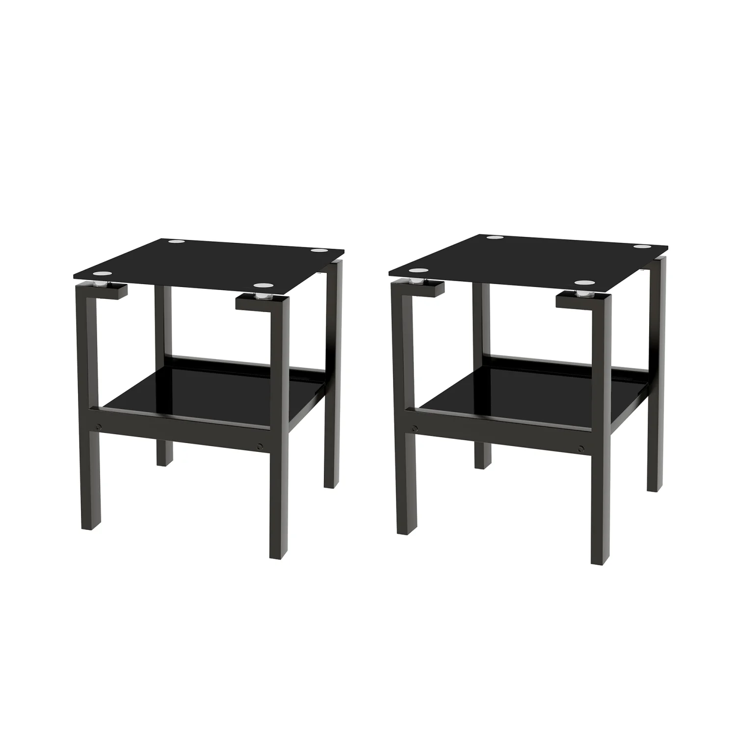 Elegant Black Tempered Glass 2-piece End Table Set with 2-layer Storage Shelf for Living Room Sofa  Modern and Stylish Furniture Accent to Enhance Home Decor