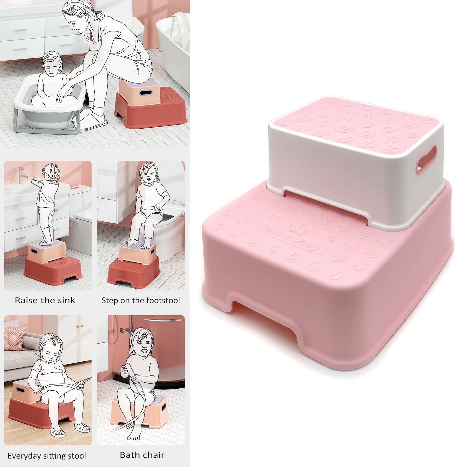 Step Stool 2-Up For Toddler And Kid, Slip Resistant-Lightweight Plastic, Pink