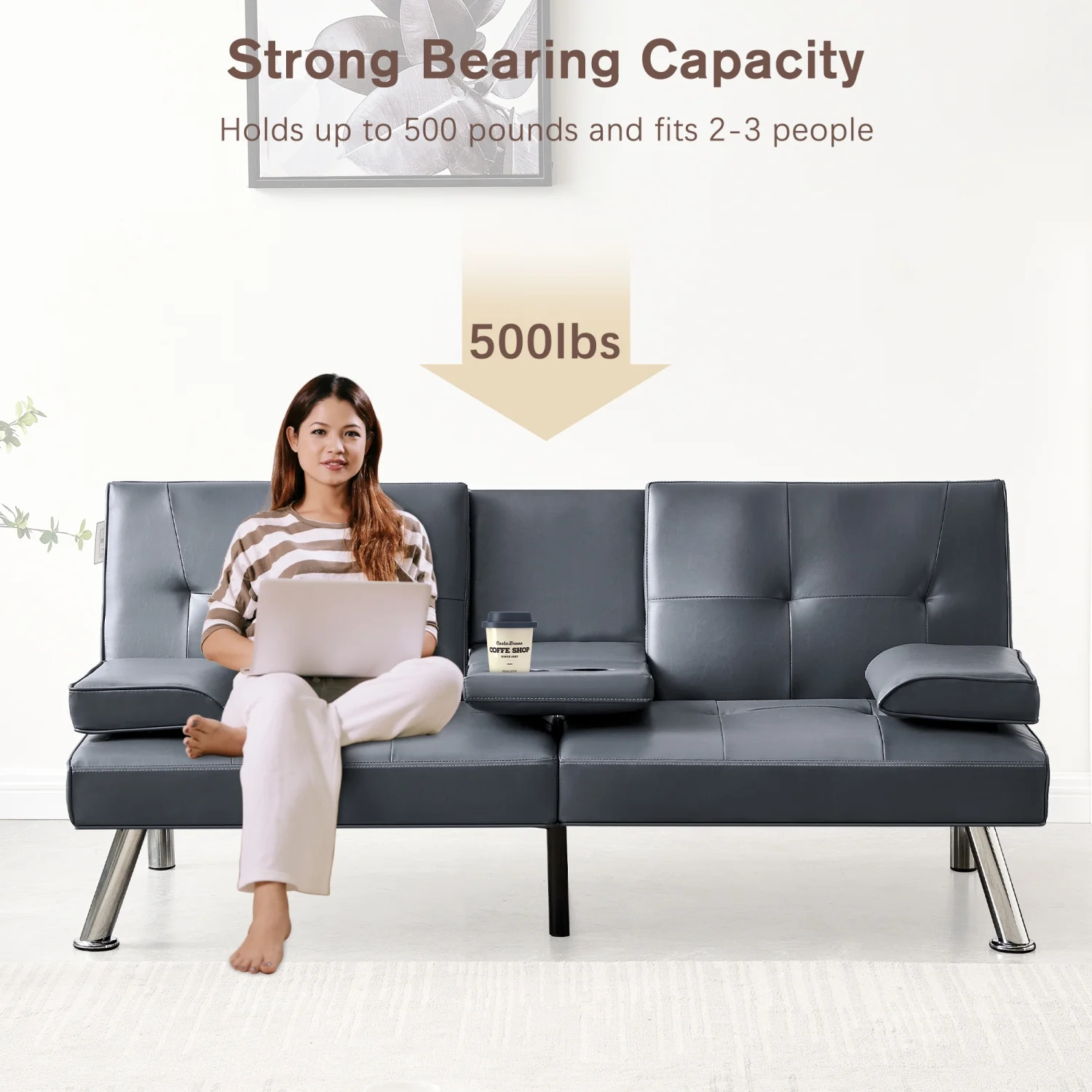 Convertible Sofa Bed Adjustable Couch Sleeper Modern Faux Leather Recliner Reversible Loveseat Folding Daybed Guest Bed  Removable Armrests  Cup Holders  3 Angles    Gray