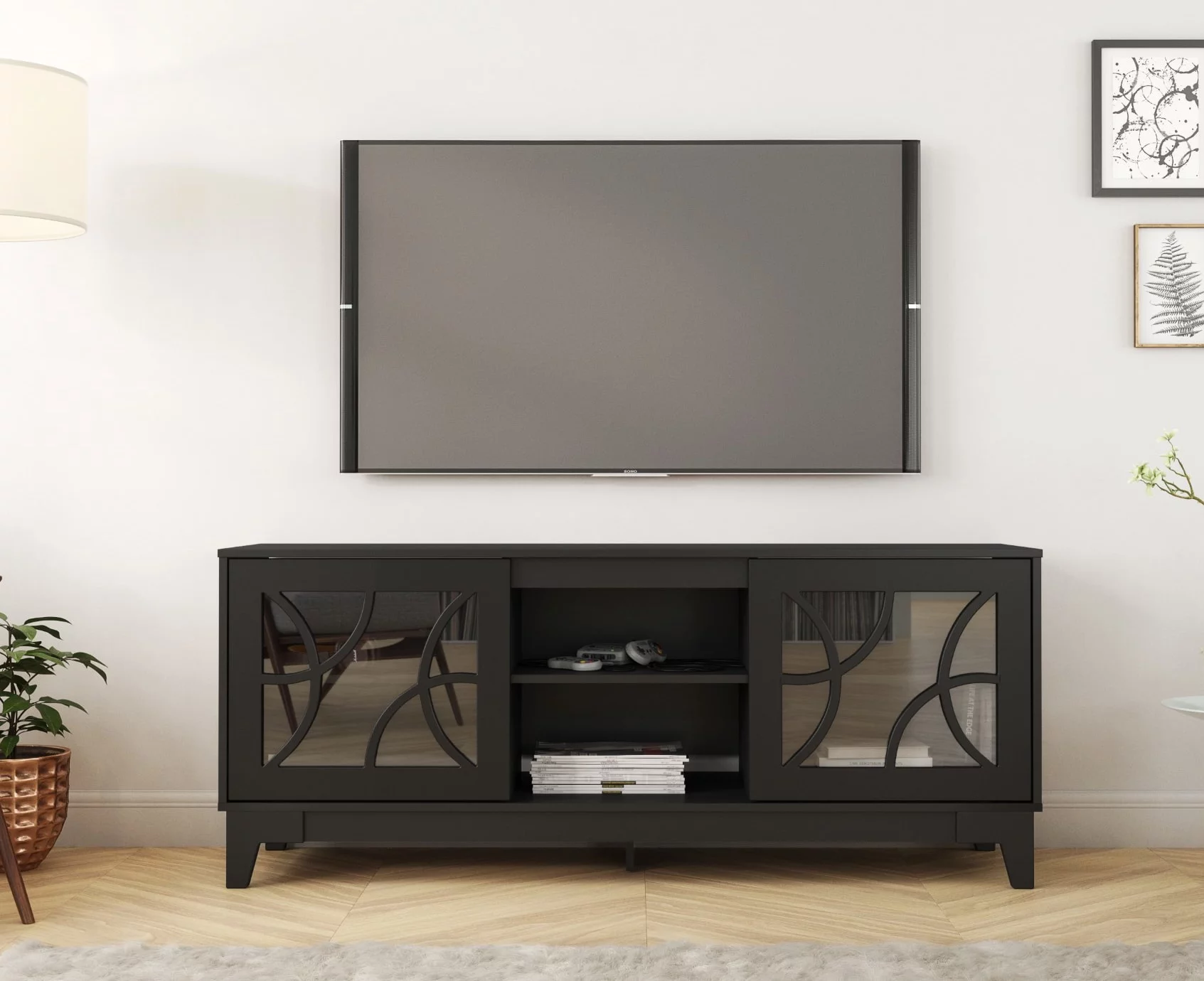 Nexera Venus TV Stand with 2 Doors and Open Shelves for TVs up to 70 in., Black