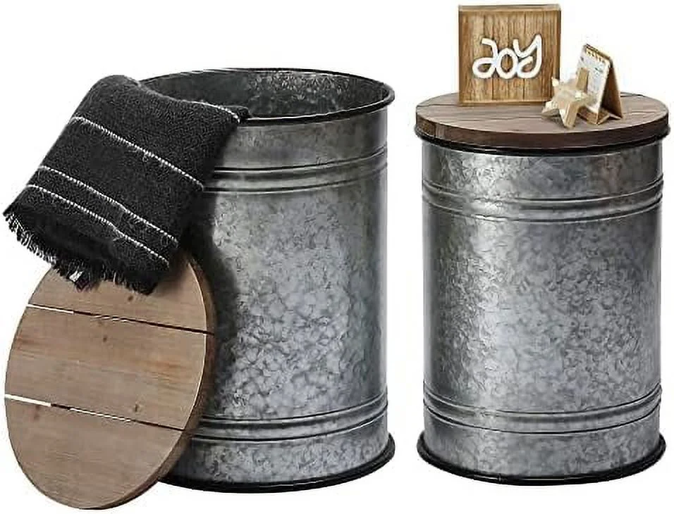 TQNJYGX Rustic  Ottoman Seat Stool  Farmhouse Accent   Antique Galvanized Metal End Table Box Bin with Square Wooden Lid （Square&Galvanized）