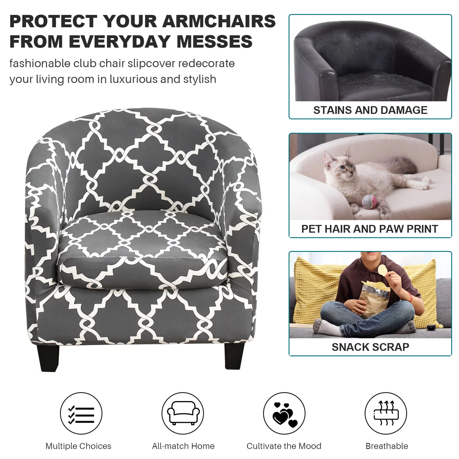 TOPCHANCES 2-Piece Stretch Club Chair Slipcover Printed Tub Chair Slipcover Armchair Covers