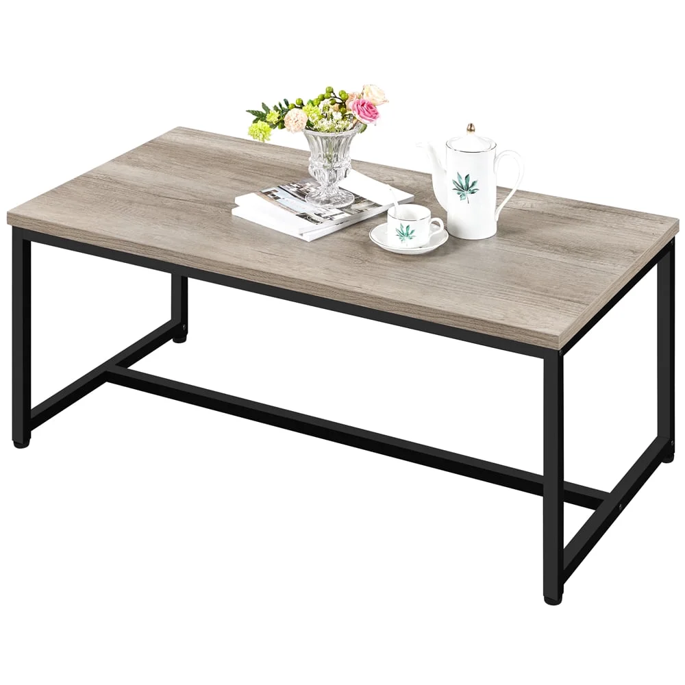 Topeakmart Rectangle Modern Industrial Coffee Table Metal Frame Cocktail Table, Gray