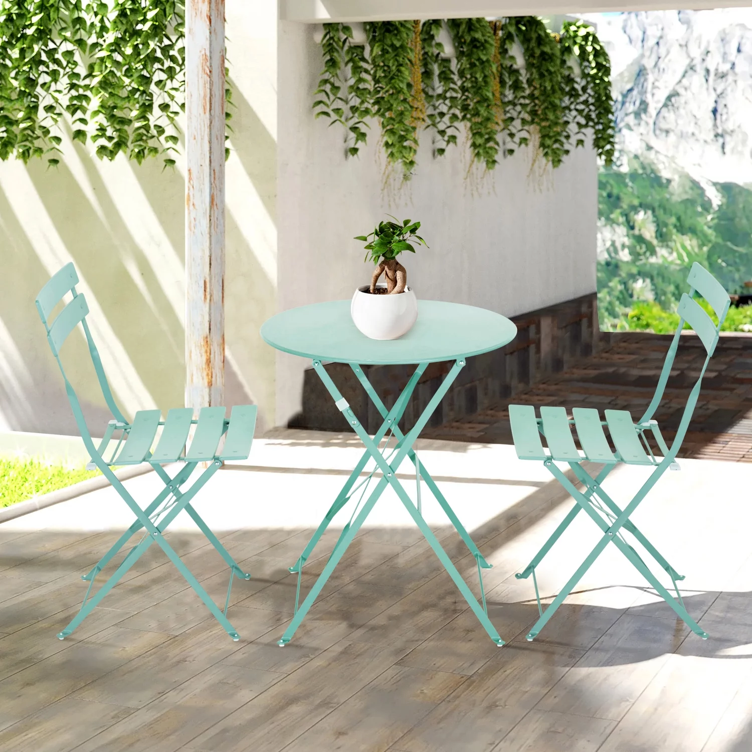 Patio Bistro Set, Steel Outdoor Patio Furniture Sets, 3 Piece Patio Set of Foldable Patio Table and Chairs ( Macaron Blue )