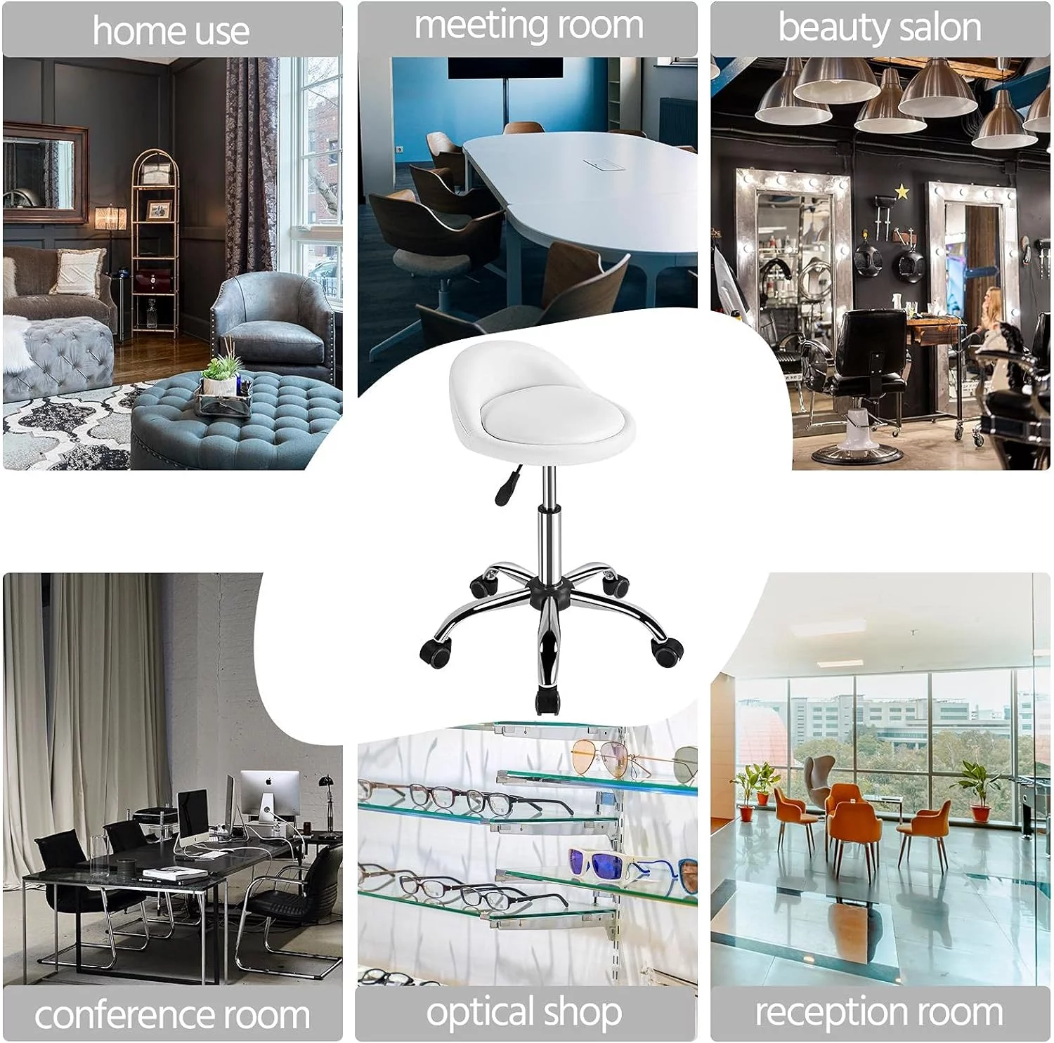 PU Leather Rolling Stool - Height Adjustable Swivel Round Stools Chair with Wheels & Backrest for Spa Massage Salon Tattoo Drafting Facial Office,White