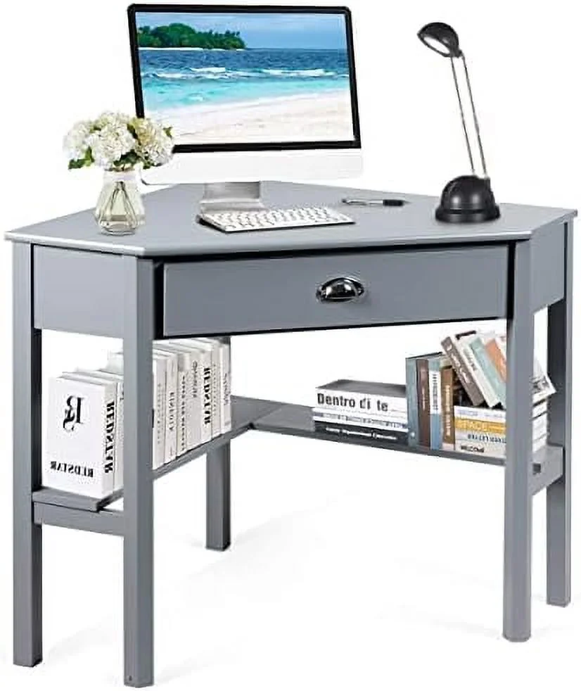 JYHOME Corner Desk  Corner Computer Desk with Drawer for Small Space  Small Corner  Vanity Desk  90 Degrees Triangle Corner Desk with  Shelves (Natural & White)