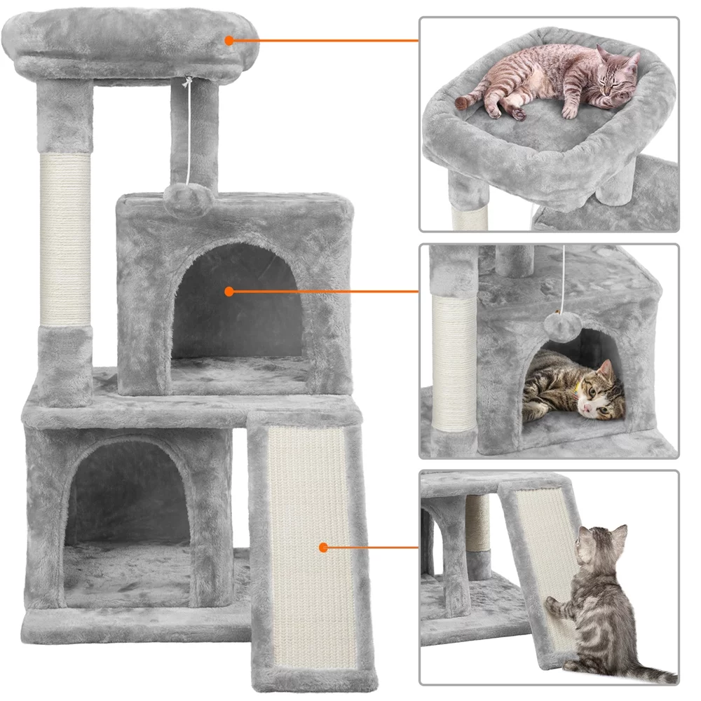Easyfashion Multilevel Plush Cat Tree with Double Condos and Furry Ball,Light Gray
