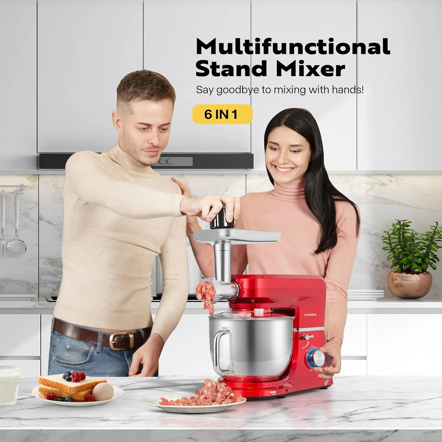SPECSTAR 6 in 1 Multifunctional Stand Mixer with 8.5 Quart Stainless Steel Bowl, 660W 10 Speed Tilt-Head, Red