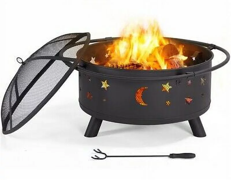 30 Inch Outdoor Fire Pit Stars Moons Firepits Round Fire Bowl Wood Burning Black