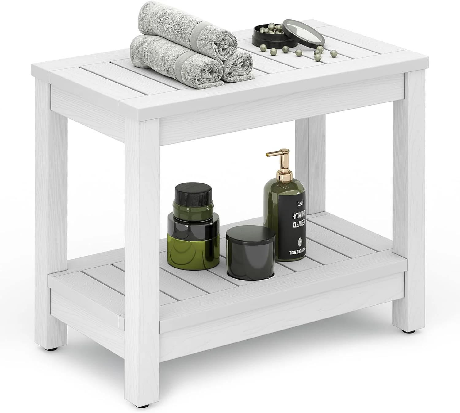 RUO Poly Lumber Shower Bench, Shower Stool with Storage Shelf, Water Resistant & Non Slip Design Shower Seat, Shower Bath Chairs Spa Stool for Bathroom (Teak)