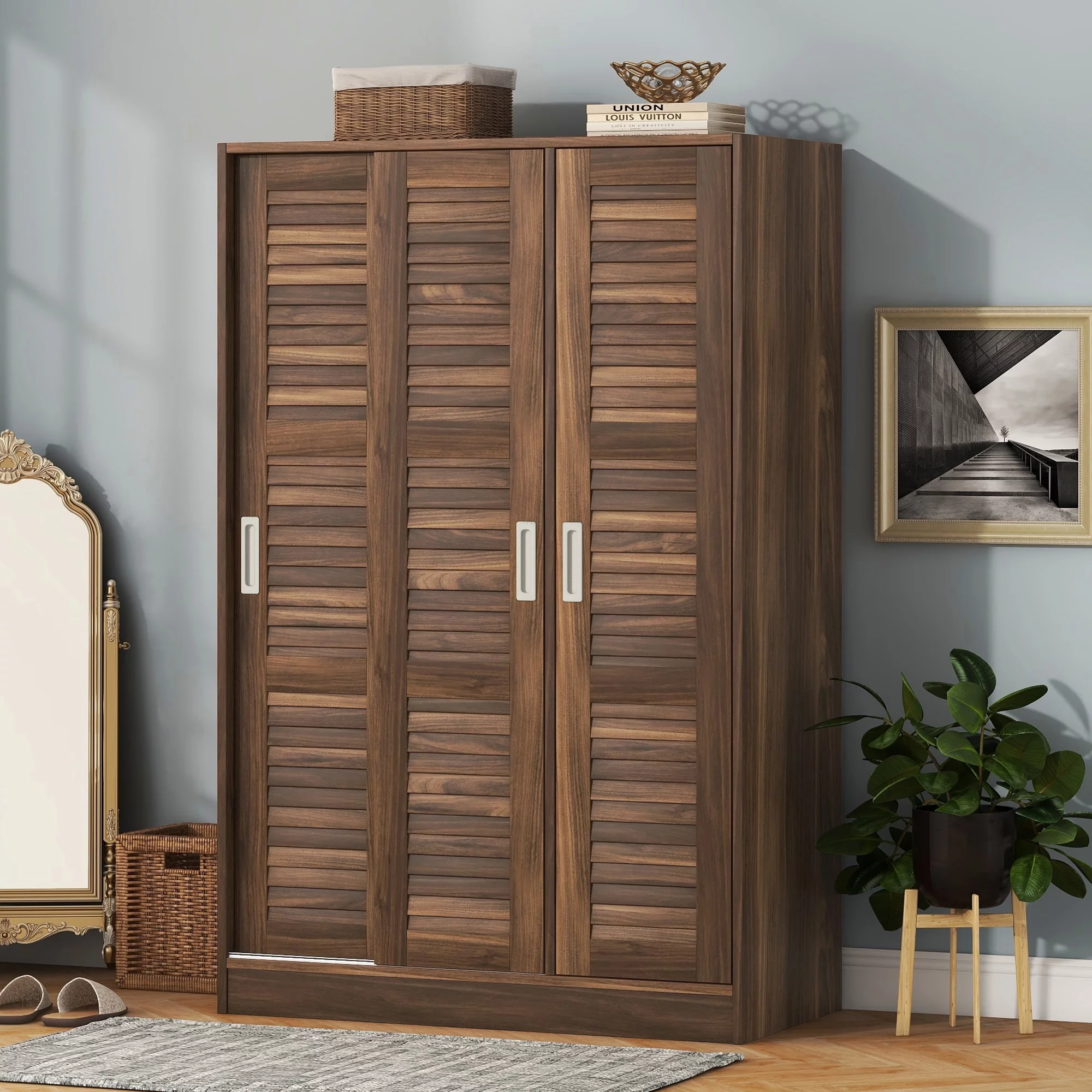 Homiyad 3-Door Shutter Wardrobe with shelves, Walnut