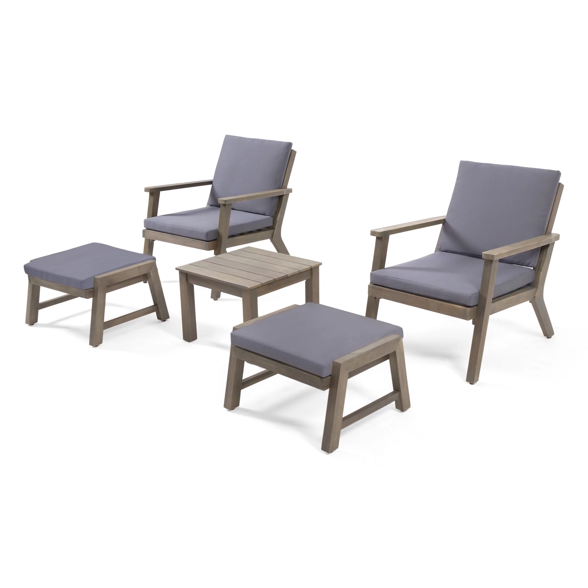 GDF Studio Avacyn Outdoor Acacia Wood 5 Piece Club Chair and Ottoman Chat Set with Cushions, Gray and Dark Gray