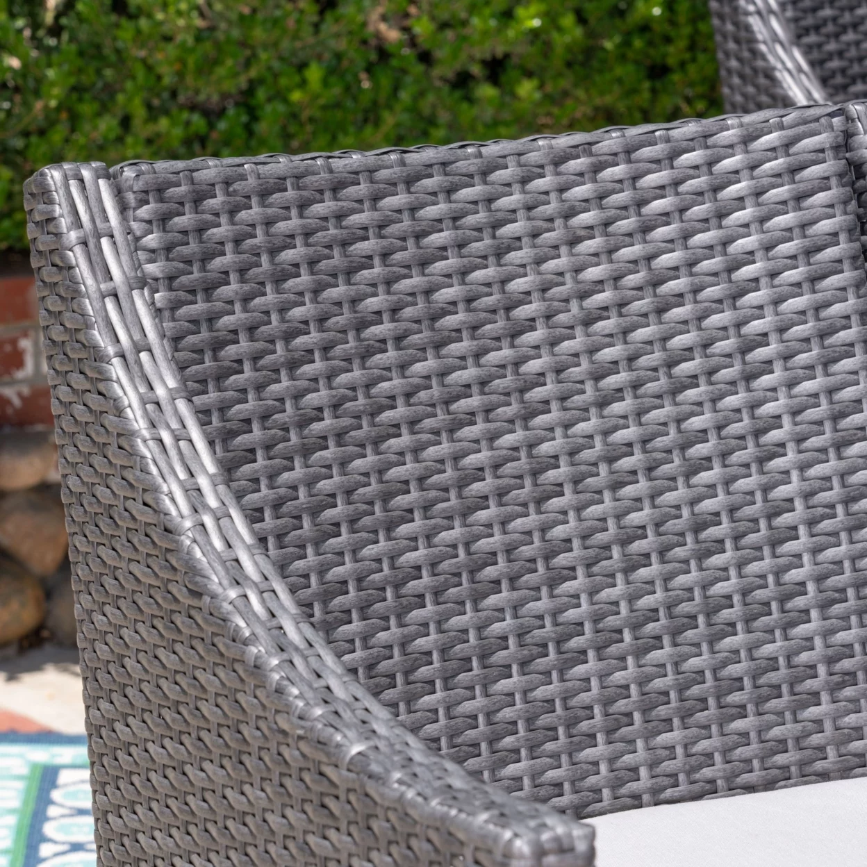 Baldwin Outdoor Acacia Wood and Wicker 5 Piece Dining Set with Cushions, Gray and Light Gray