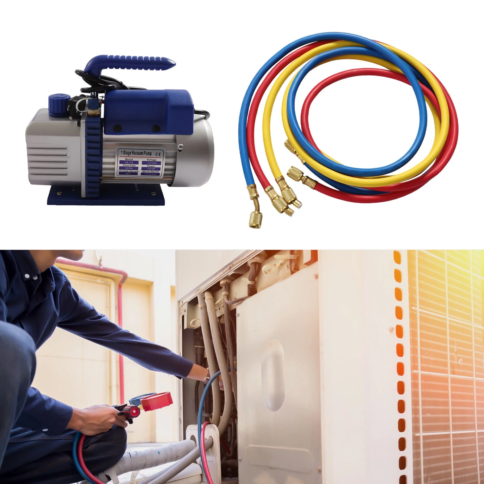 Air Vacuum Pump Manifold Gauge Set Kit 3 CFM HVAC + Kit AC A/C 110V VK125 Vacuum Pump