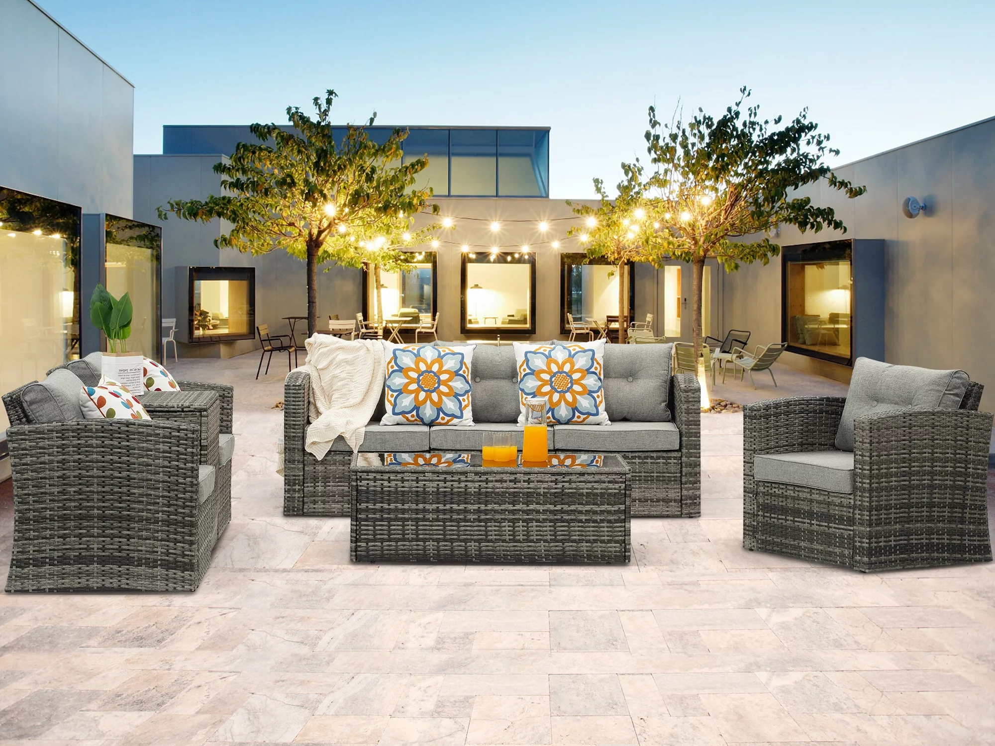 Superjoe Outdoor Patio Furniture Set 8 Pcs Aluminum Frame Conversation Sofa Set with Storage Box and Coffee Table,Gray