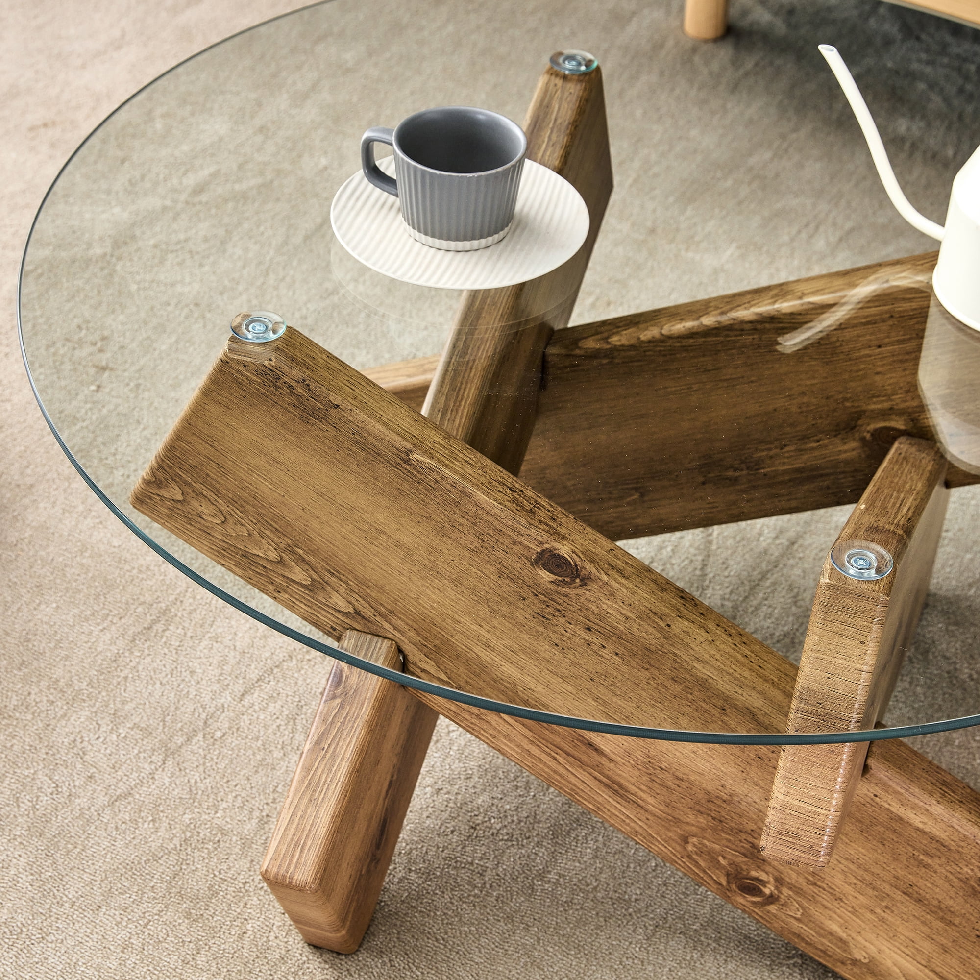 Round Coffee Table for Living Room, KIYODEI 33.4'' Tempered Glass Countertop Tea Table, Wood Colored MDF Table Legs