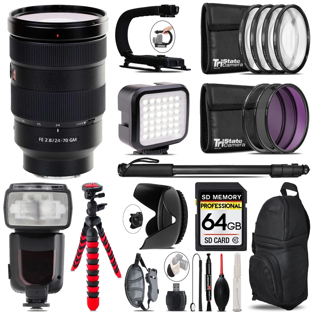 Sony FE 24-70mm f/2.8 GM Lens + LED Flash+ Bag - 64GB Accessory Bundle