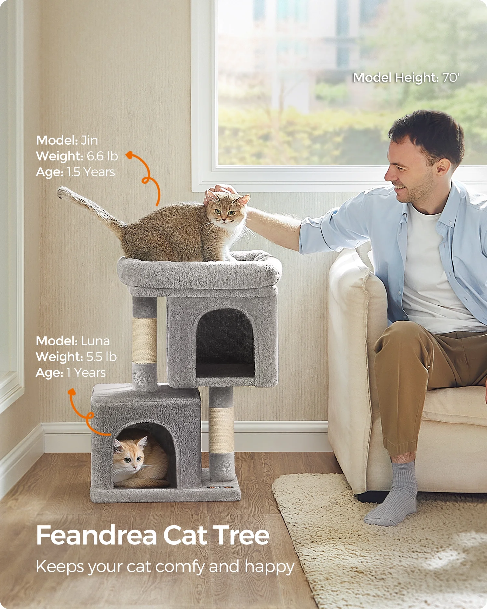 Feandrea Cat Tree 26.4-Inch Cat Tower for Kittens up to 7 lb, Large Cat Perch, 2 Cat Caves, Scratching Post, Light Gray