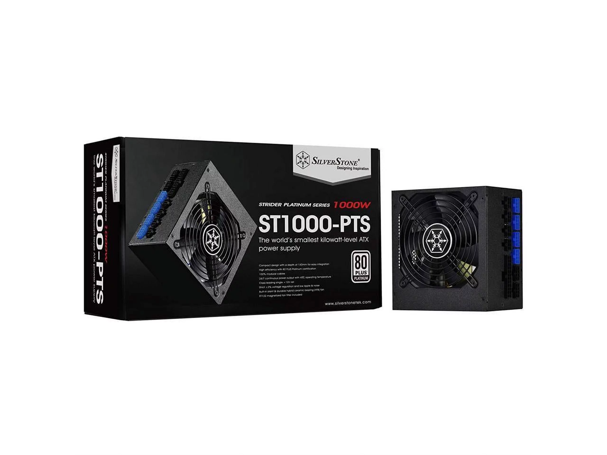 SilverStone 1000W, ATX, single +12V rails with 83A output, Silent 120mmFan with 18dBA, efficiency 80Plus Platinum certification, fully modular cable, 140mm depth, 8x8/6pin PCI-E.