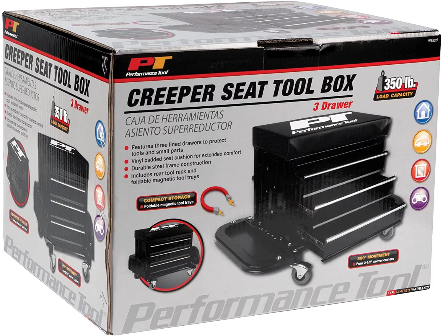 Performance Tool W85025 Creeper Seat with 3 Drawer Tool Box and Trays