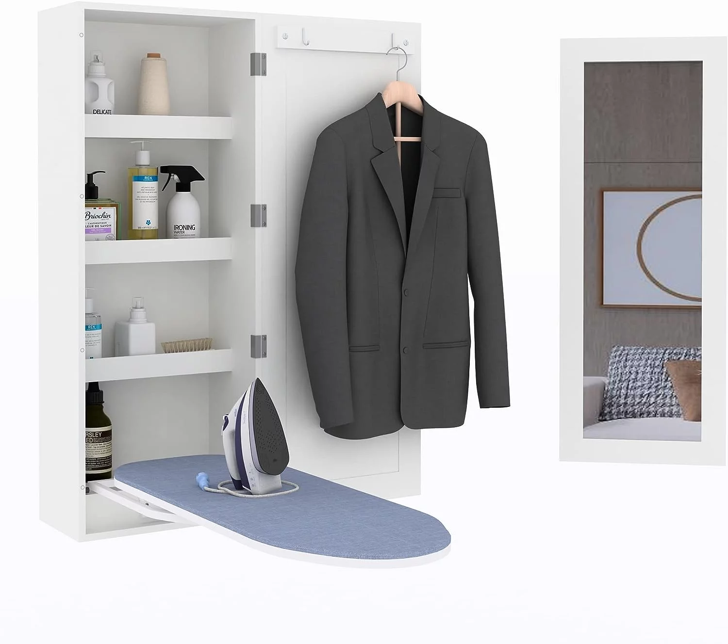 Ironing Board Cabinet Wall Mounted Storage Cabinet Foldable with Mirror,White