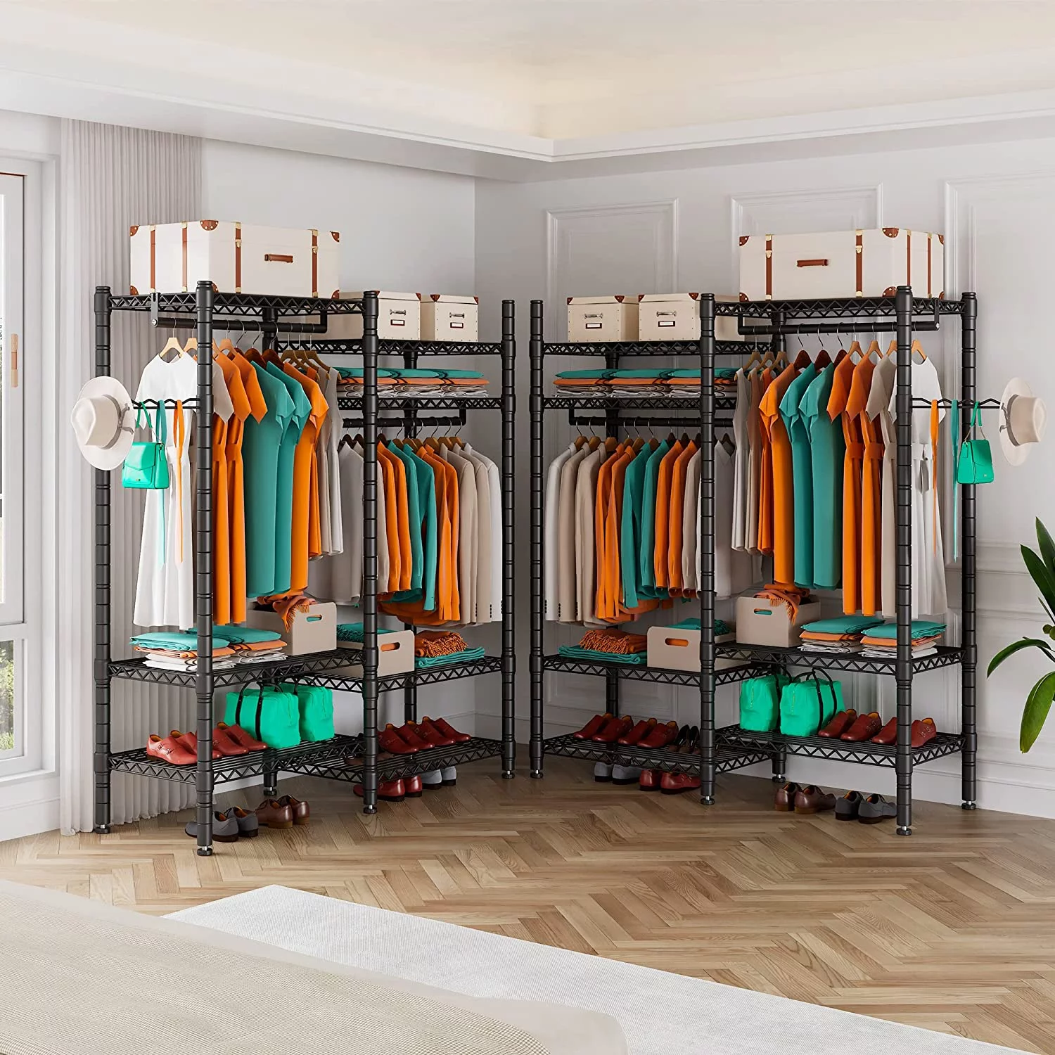 OUWI Clothing Rack 7 Tiers Heavy Duty Clothes Rack with 2 Hanging Rods, Wire Garment Racks for Hanging Clothes, Large Portable Metal Wardrobe Clothes, 48