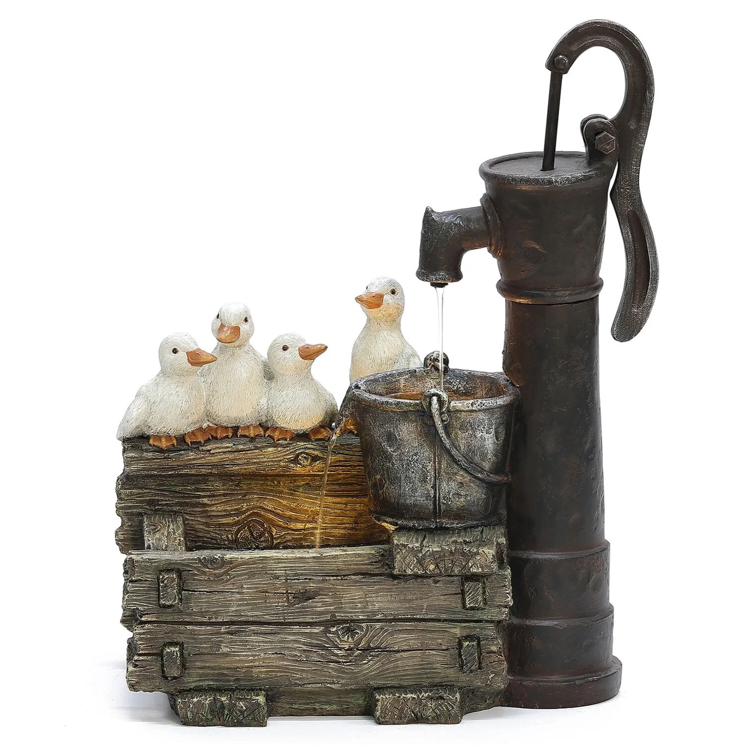 LuxenHome Farmhouse Crate and Baby Ducks Resin Outdoor Fountain with Lights