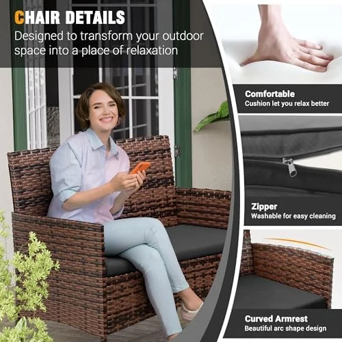 WTYNKAE Patio  4 Pieces Outdoor Rattan Chair Wicker Sofa Sectional Conversation  Porch  Loveseat w Cushions and Table for Backyard Balcony Pool Garden (Brown-Grey)