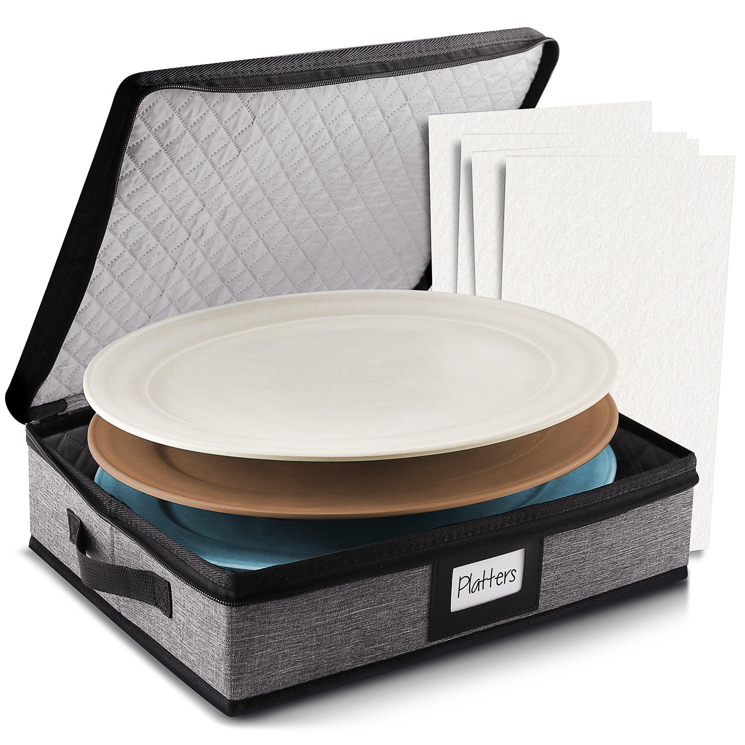 Hearth & Harbor Dinnerware Storage Container for Platter Sets, Securely Padded Gray Platter Storage