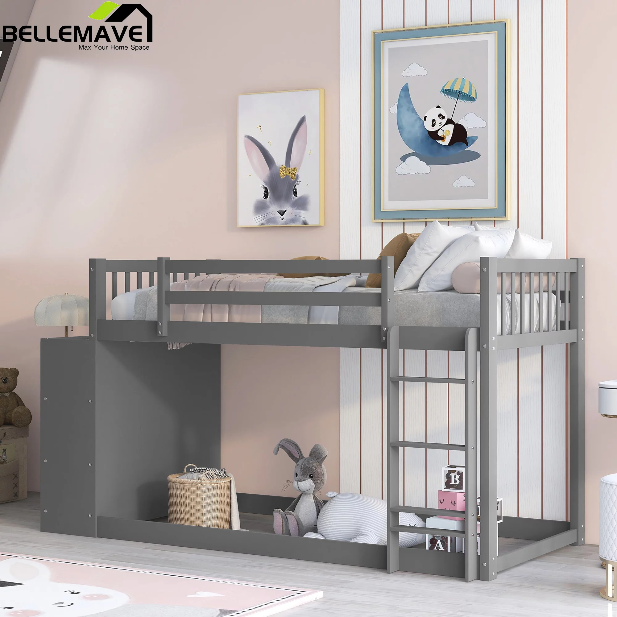 Bellemave Twin Over Twin Bunk Bed with Attached Cabinet and Storage Shelves, Solid Wood Bed Frame with Removable Ladder for Kids,Teens,Space Saving Bedroom Furniture(Gray)