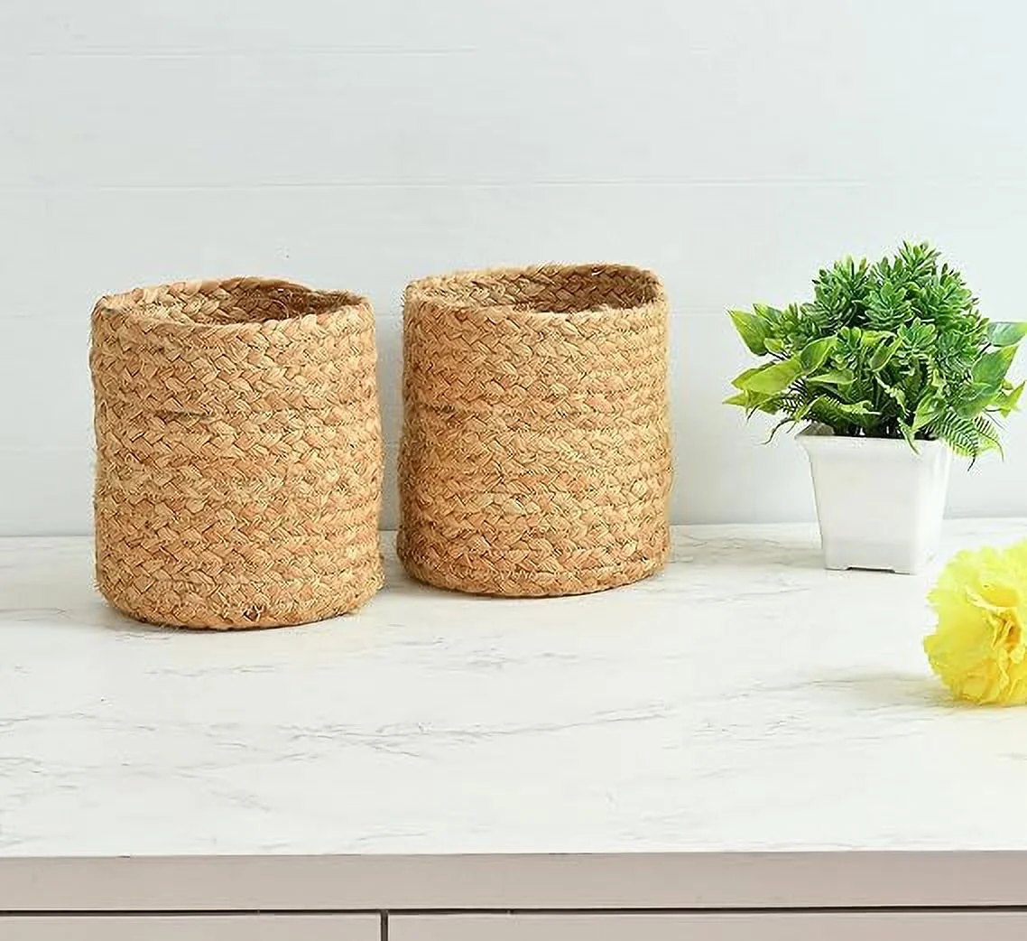 Braided Jute Baskets Planter Basket- Set Of 2 (6 Inch)-Beige, Round