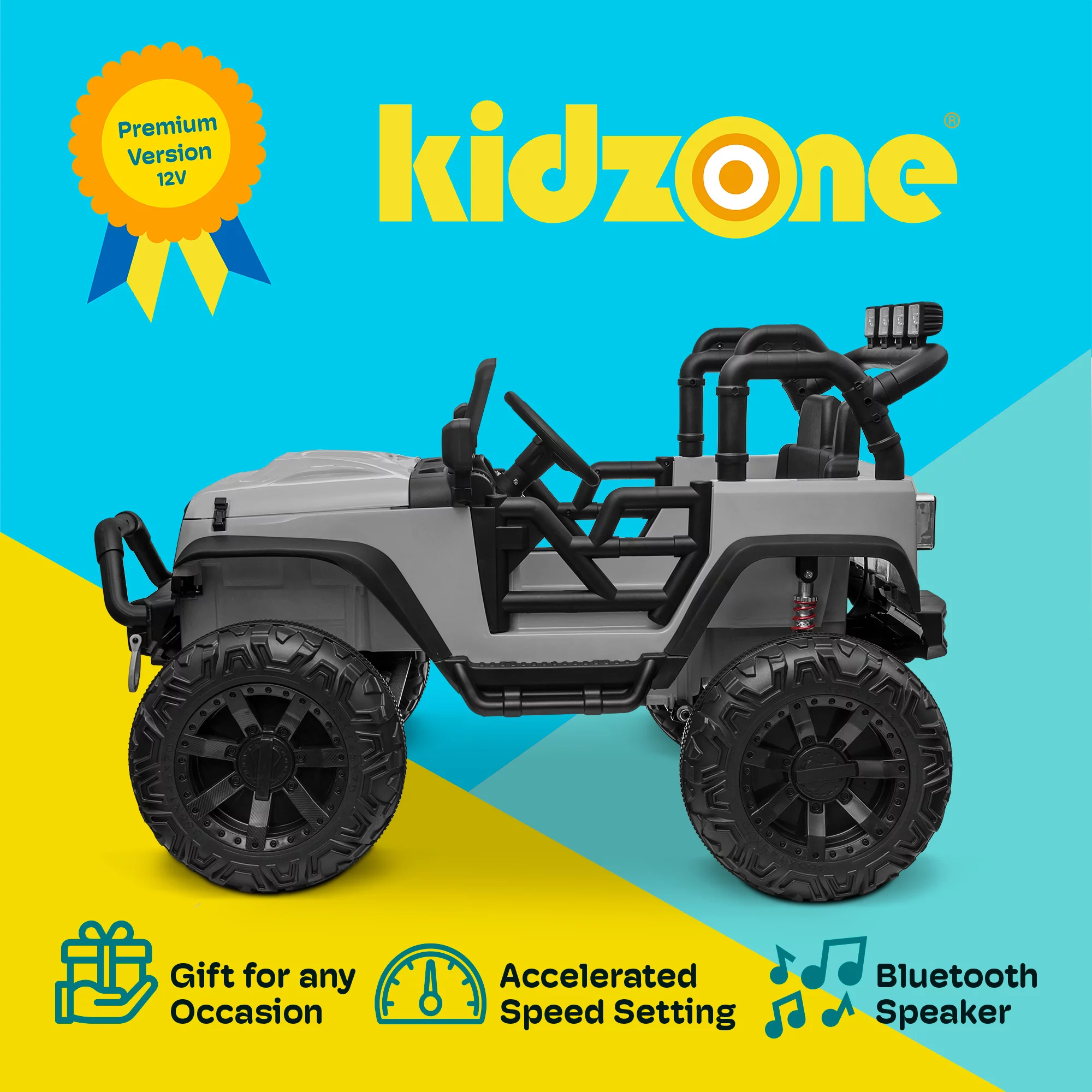 Kidzone Kids 12V 9AH Battery Powered Extra Wide Seat Ride On Truck with DIY License Plate, Off Road Big Wheels, Front Bumper, LED light, Remote Control, Bluetooth Music, 2 Speeds - Gray