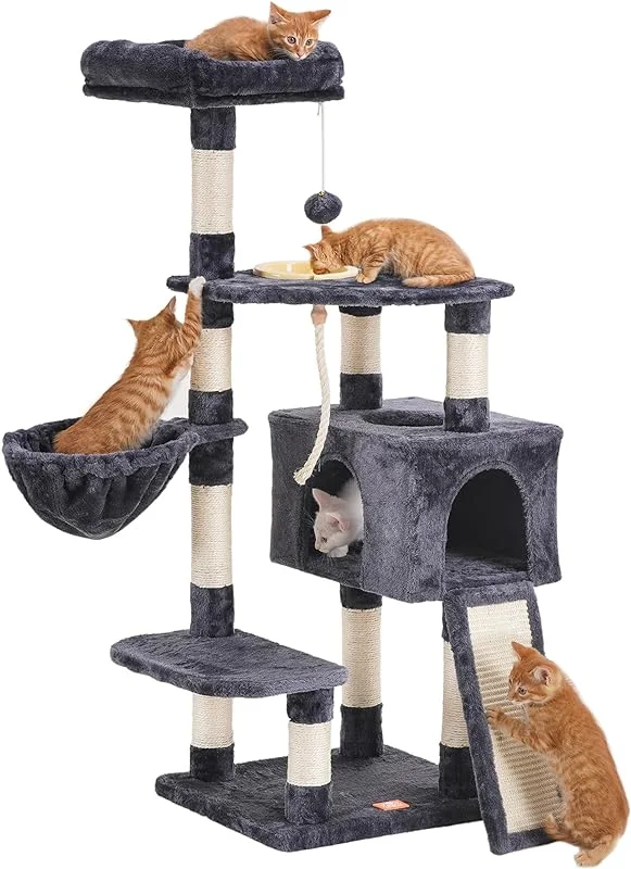 Cat Tree, Cat Tower for Indoor Cats with Scratching Board, Multi-Level Cat Furniture Condo with Feeding Bowl Smoky Gray