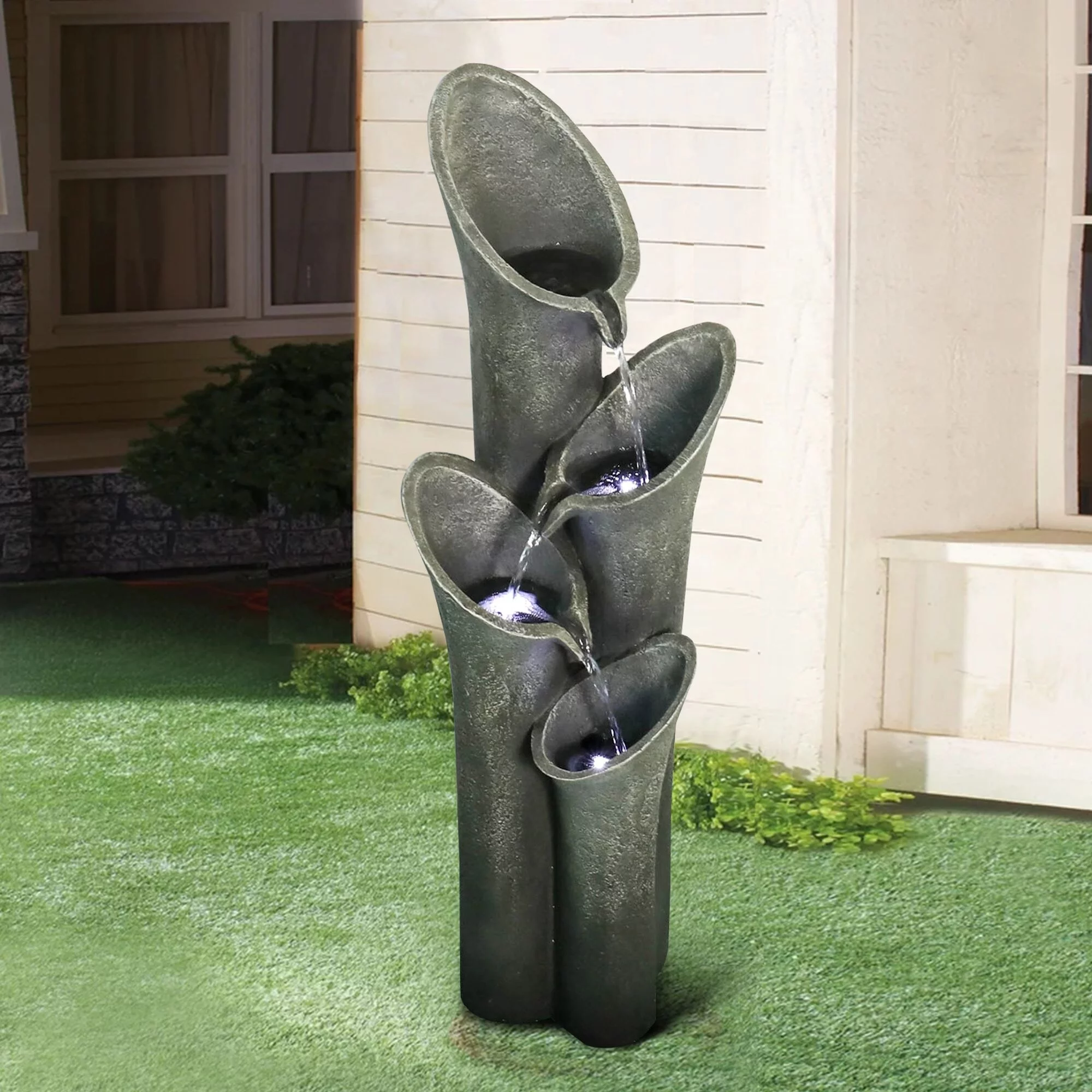 Meedzom 33.5'' Outdoor Water Fountain with Light, Resin Floor Water Fountain for Garden